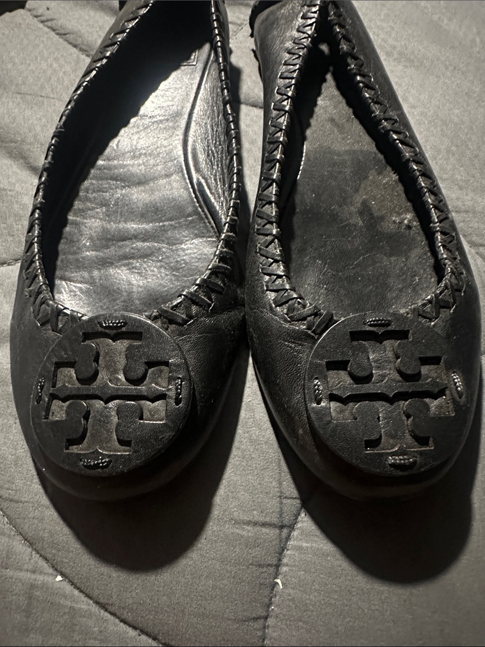 Tory Burch Black Leather Logo Ballet Flats
